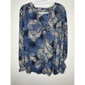 Valerie Stevens Navy Blue Black Long Sleeve Textured Paisley Blouse Shirt Sz XL